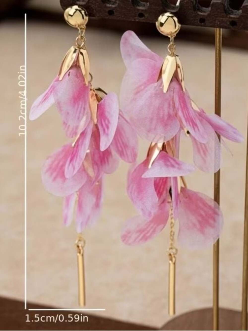 Gold-Tone Pink Petal Drop Earrings - Picture 4 of 4